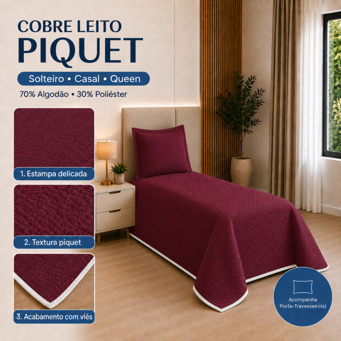 Cobre-Leito Piquet 70% Algodão com Porta-Travesseiro Solteiro Vinho
