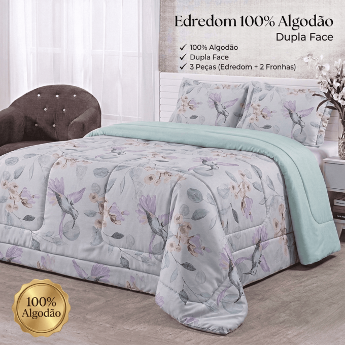 Edredom Casal Dupla Face Percal 100% Algodão 200 Fios Beija Flor