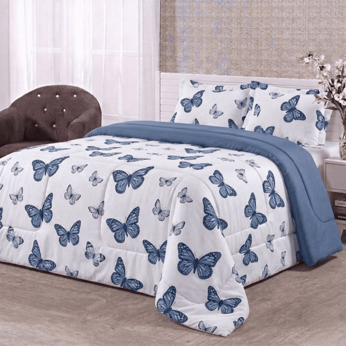 Edredom Casal Dupla Face Percal 100% Algodão 200 Fios Borboleta