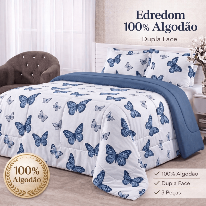 Edredom Casal Dupla Face Percal 100% Algodão 200 Fios Borboleta