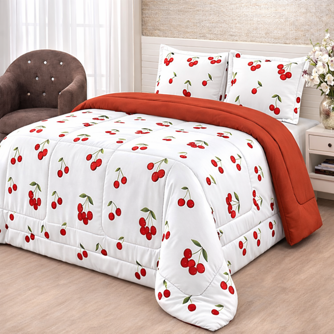 Edredom Casal Dupla Face Percal 100% Algodão 200 Fios Cereja