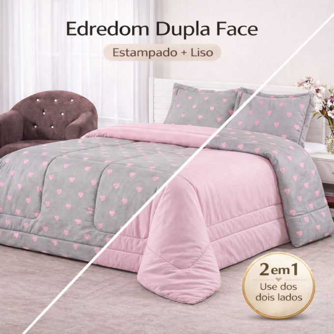 Edredom Casal Dupla Face Percal 100% Algodão 200 Fios Corações