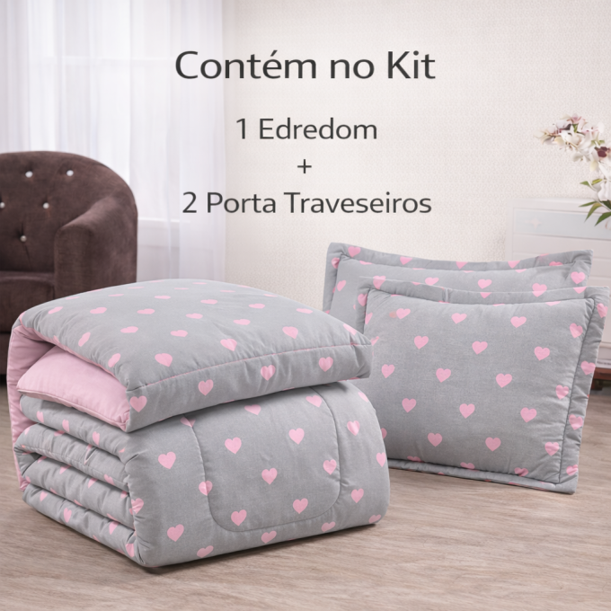 Edredom Casal Dupla Face Percal 100% Algodão 200 Fios Corações