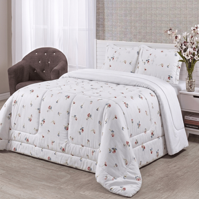 Edredom Casal Dupla Face Percal 100% Algodão 200 Fios Florzinha Azul