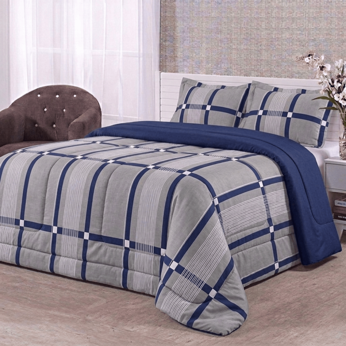 Edredom Casal Dupla Face Percal 100% Algodão 200 Fios Grid Marinho