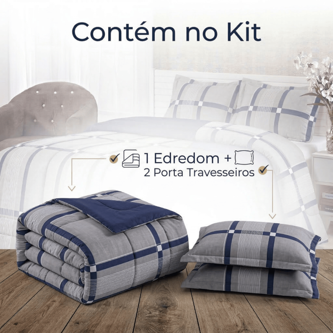 Edredom Casal Dupla Face Percal 100% Algodão 200 Fios Grid Marinho