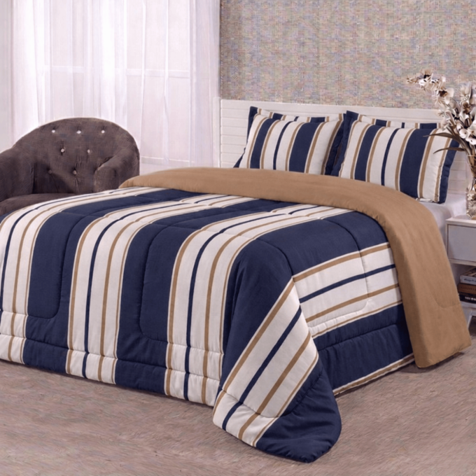 Edredom Casal Dupla Face Percal 100% Algodão 200 Fios Listrado Marinho
