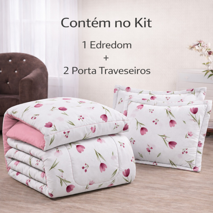 Edredom Casal Dupla Face Percal 100% Algodão 200 Fios Tulipa