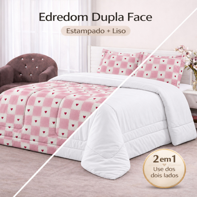 Edredom Casal Dupla Face Percal 100% Algodão 200 Fios Xadrez Rosa
