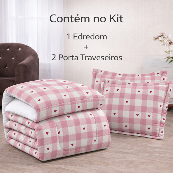 Edredom Casal Dupla Face Percal 100% Algodão 200 Fios Xadrez Rosa