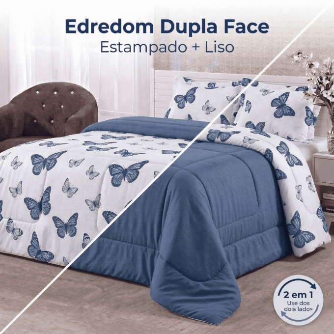 Edredom Queen Dupla Face Percal 100% Algodão 200 Fios Borboletas