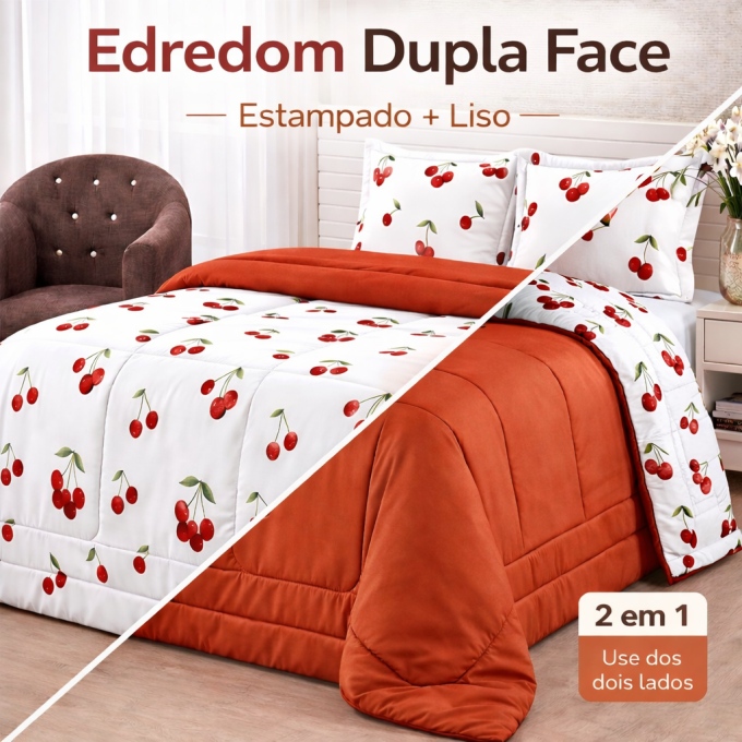 Edredom Queen Dupla Face Percal 100% Algodão 200 Fios Cereja