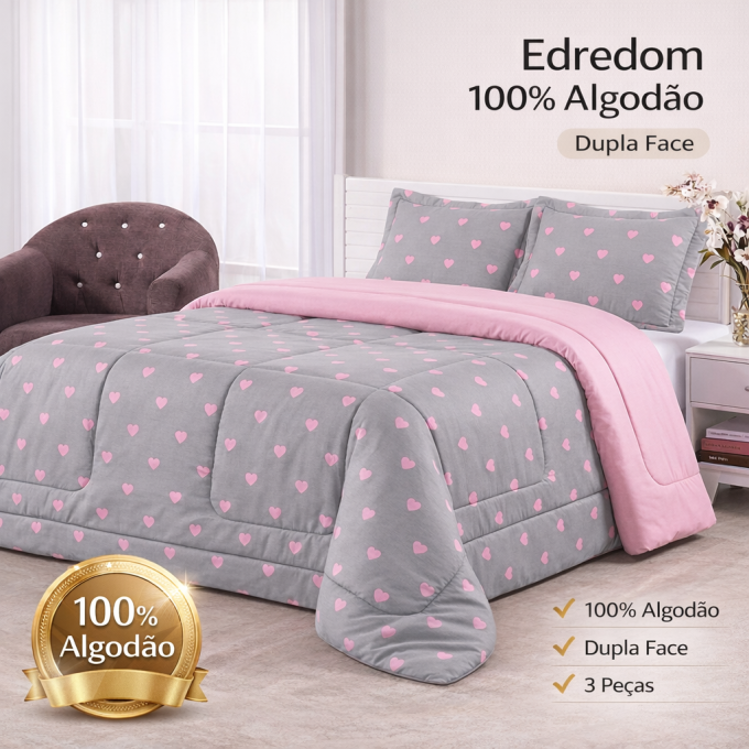 Edredom Queen Dupla Face Percal 100% Algodão 200 Fios Corações