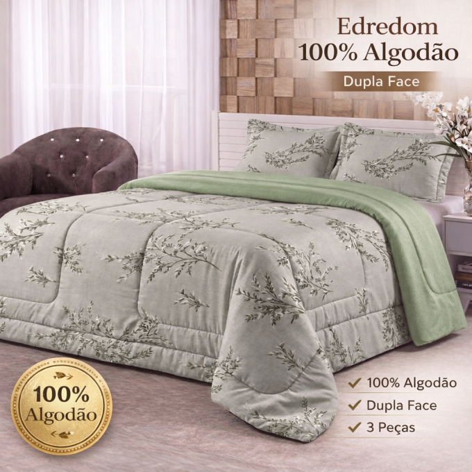 Edredom Queen Dupla Face Percal 100% Algodão 200 Fios Erva Doce