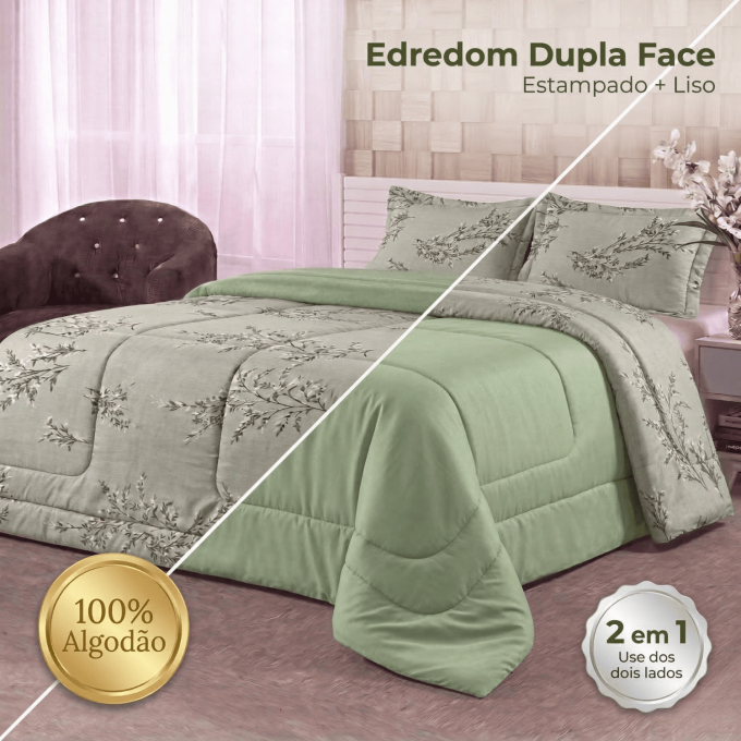 Edredom Queen Dupla Face Percal 100% Algodão 200 Fios Erva Doce