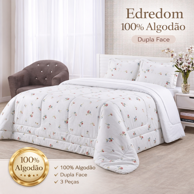 Edredom Queen Dupla Face Percal 100% Algodão 200 Fios Florzinha Azul