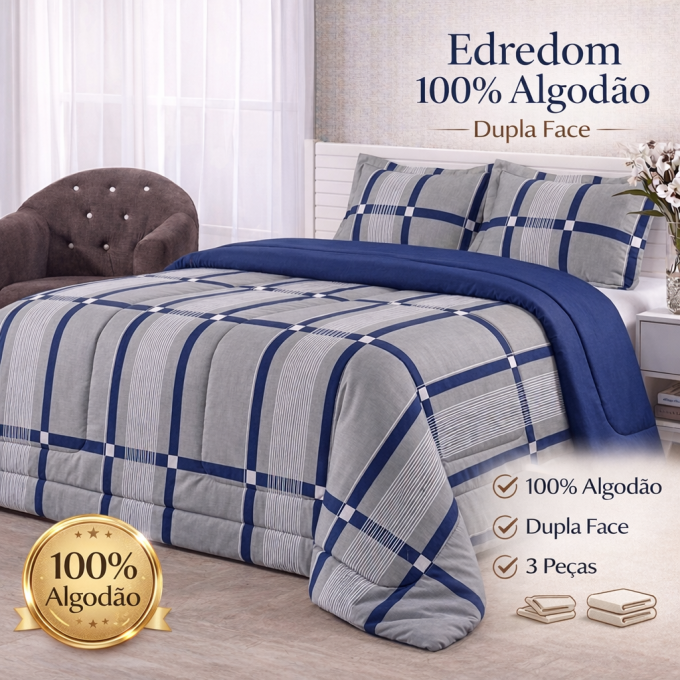 Edredom Queen Dupla Face Percal 100% Algodão 200 Fios Grid Marinho