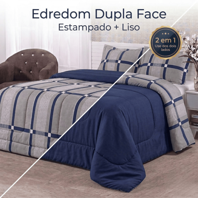 Edredom Queen Dupla Face Percal 100% Algodão 200 Fios Grid Marinho