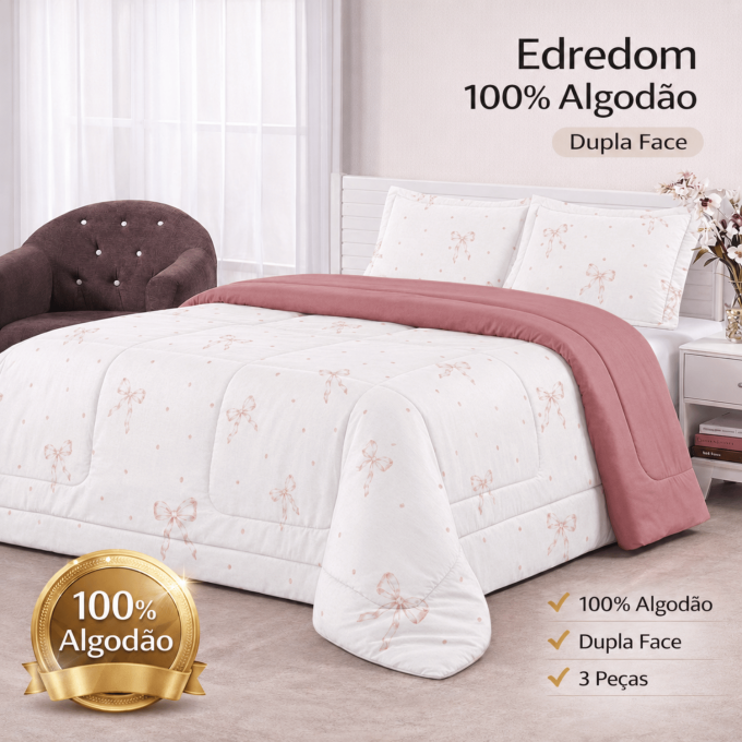 Edredom Queen Dupla Face Percal 100% Algodão 200 Fios Lacinhos
