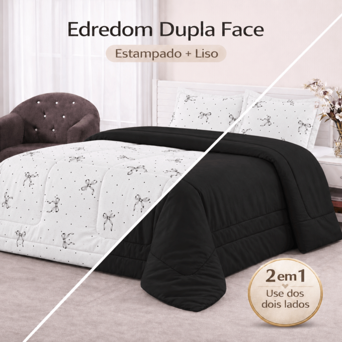 Edredom Queen Dupla Face Percal 100% Algodão 200 Fios Lacinhos Preto