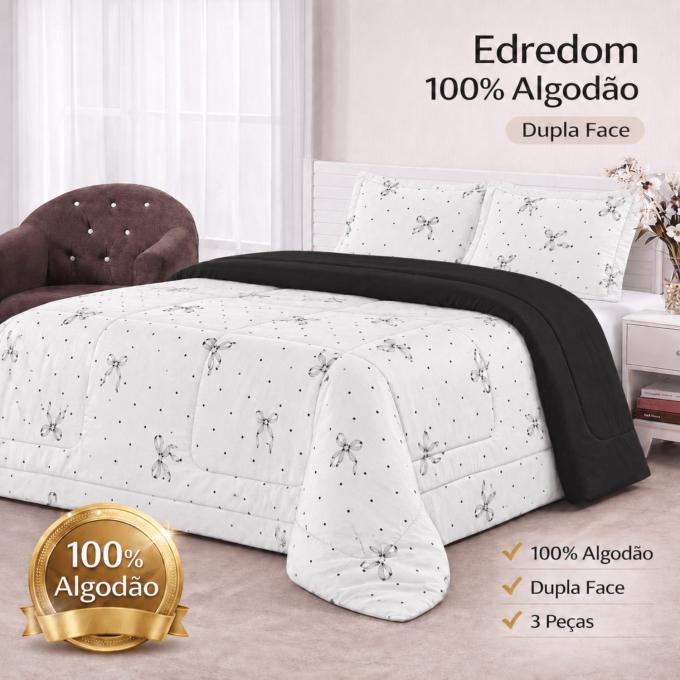 Edredom Queen Dupla Face Percal 100% Algodão 200 Fios Lacinhos Preto