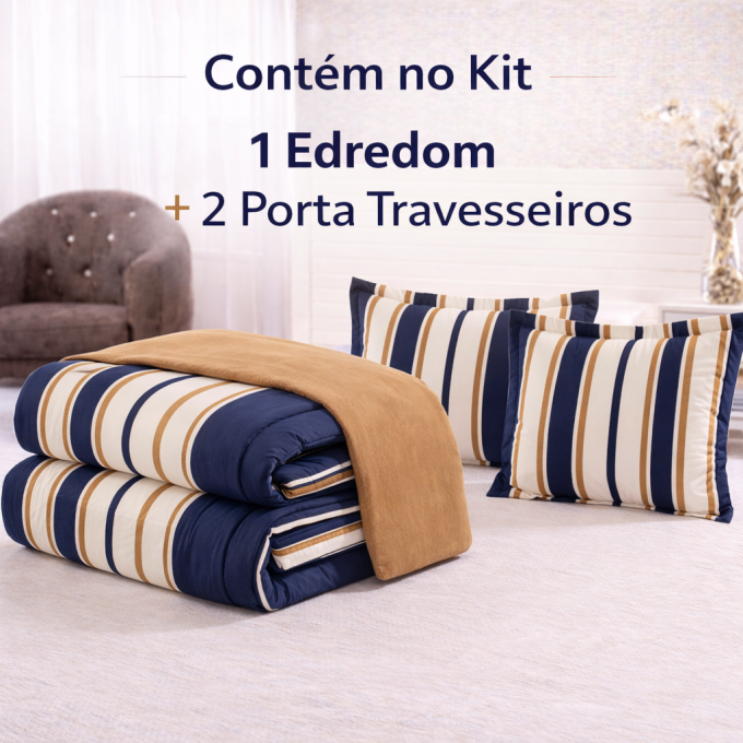 Edredom Queen Dupla Face Percal 100% Algodão 200 Fios Listrado Marinho