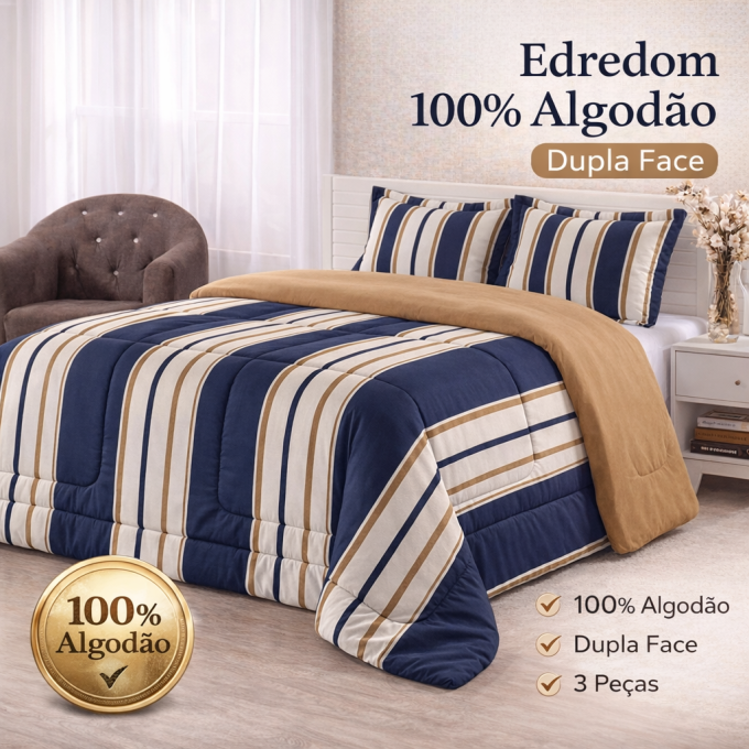 Edredom Queen Dupla Face Percal 100% Algodão 200 Fios Listrado Marinho