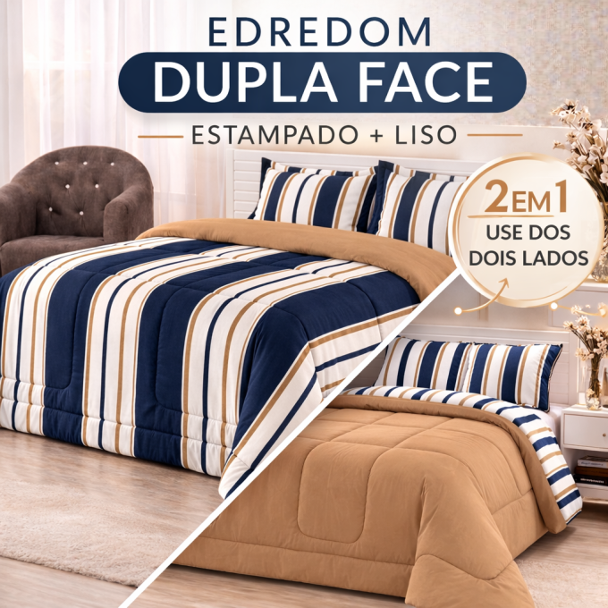 Edredom Queen Dupla Face Percal 100% Algodão 200 Fios Listrado Marinho