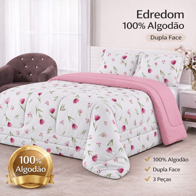 Edredom Queen Dupla Face Percal 100% Algodão 200 Fios Tulipa