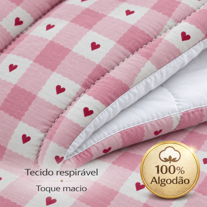 Edredom Queen Dupla Face Percal 100% Algodão 200 Fios Xadrez Rosa