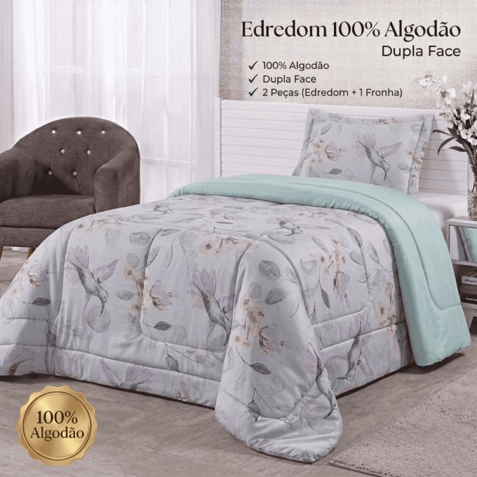 Edredom Solteiro Dupla Face Percal 100% Algodão 200 Fios Beija Flor