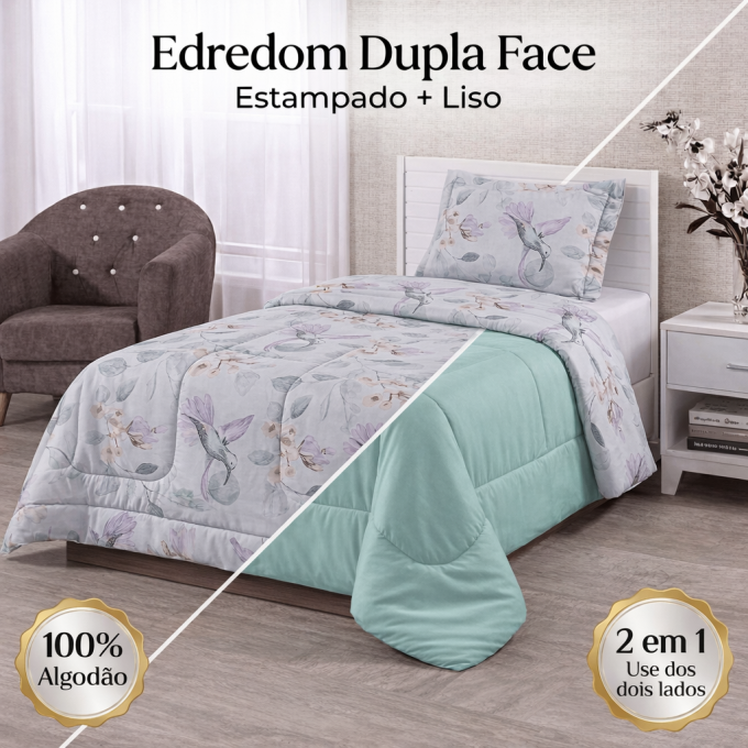 Edredom Solteiro Dupla Face Percal 100% Algodão 200 Fios Beija Flor