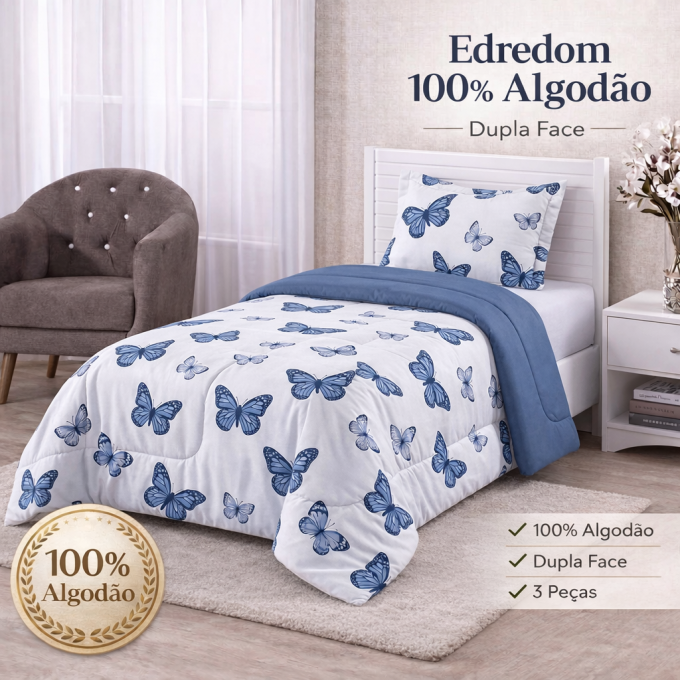 Edredom Solteiro Dupla Face Percal 100% Algodão 200 Fios Borboleta