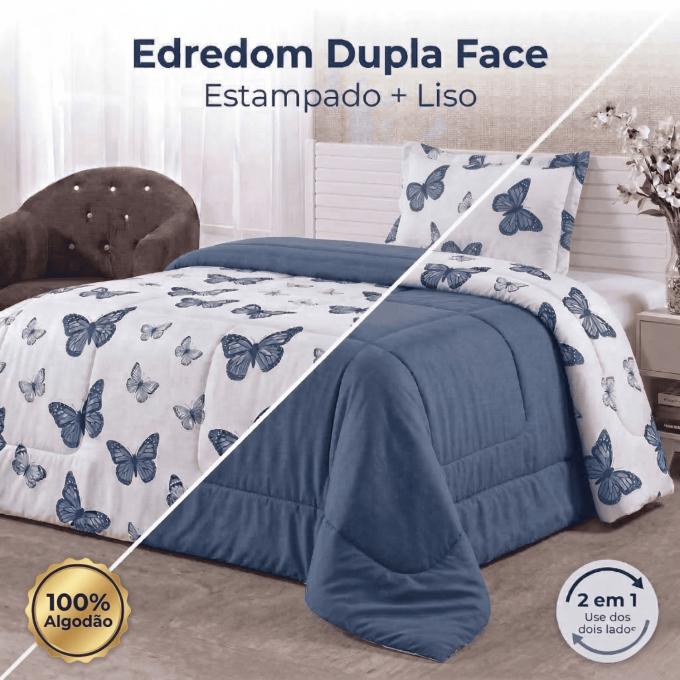 Edredom Solteiro Dupla Face Percal 100% Algodão 200 Fios Borboleta