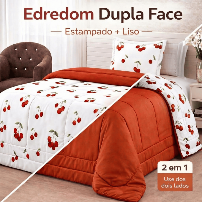 Edredom Solteiro Dupla Face Percal 100% Algodão 200 Fios Cereja