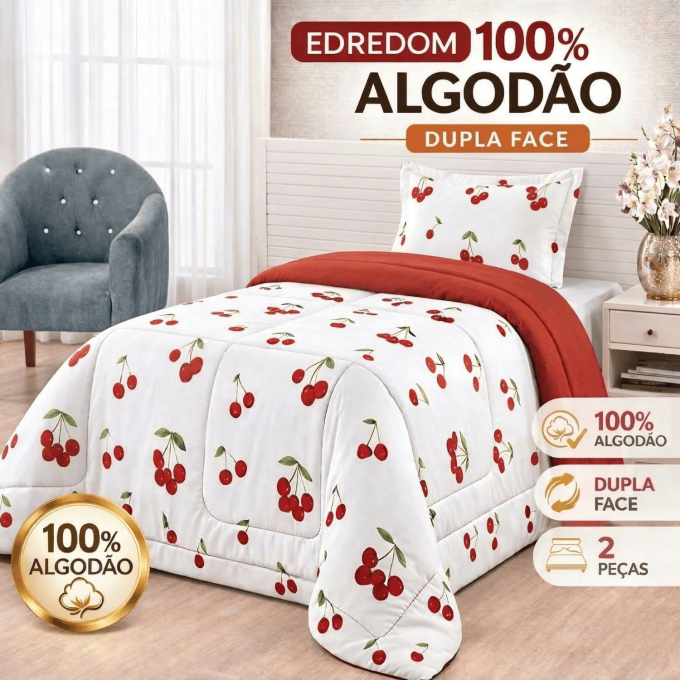 Edredom Solteiro Dupla Face Percal 100% Algodão 200 Fios Cereja