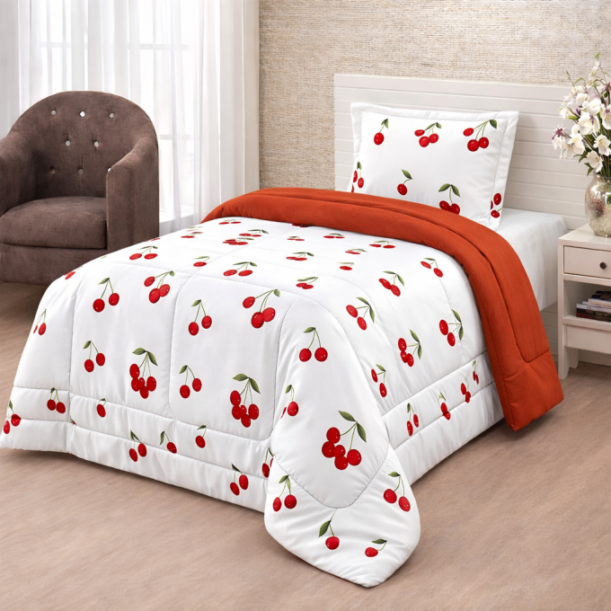 Edredom Solteiro Dupla Face Percal 100% Algodão 200 Fios Cereja
