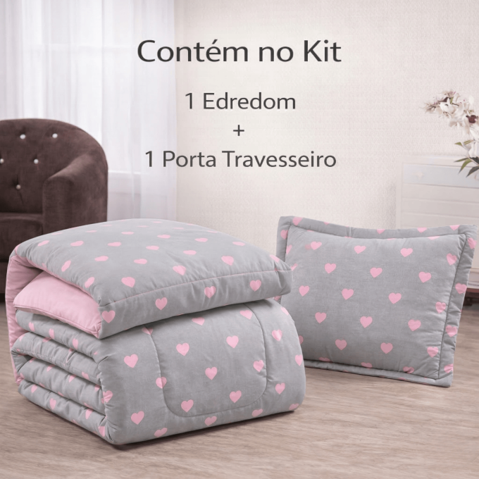 Edredom Solteiro Dupla Face Percal 100% Algodão 200 Fios Corações