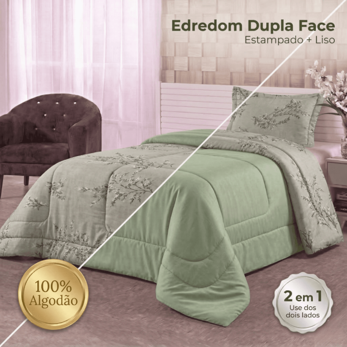Edredom Solteiro Dupla Face Percal 100% Algodão 200 Fios Erva Doce