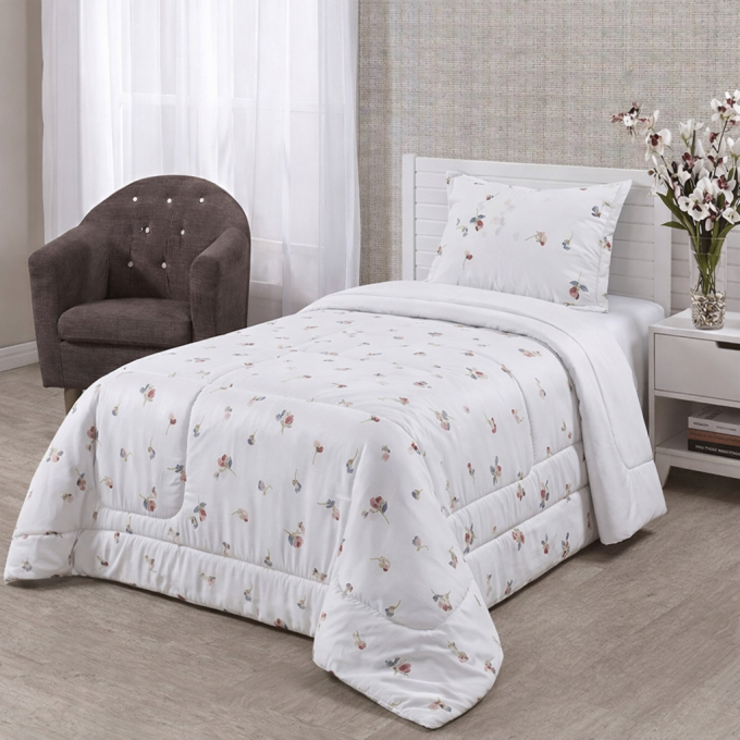 Edredom Solteiro Dupla Face Percal 100% Algodão 200 Fios Florzinha Azul