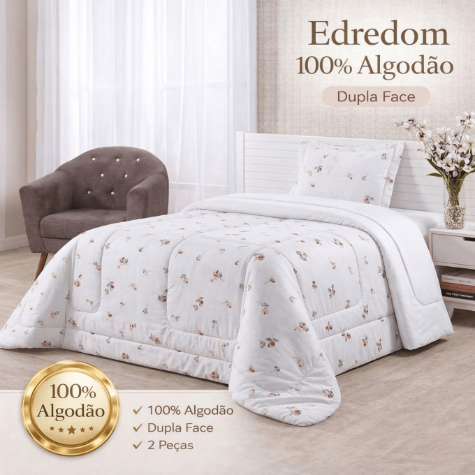 Edredom Solteiro Dupla Face Percal 100% Algodão 200 Fios Florzinha Azul