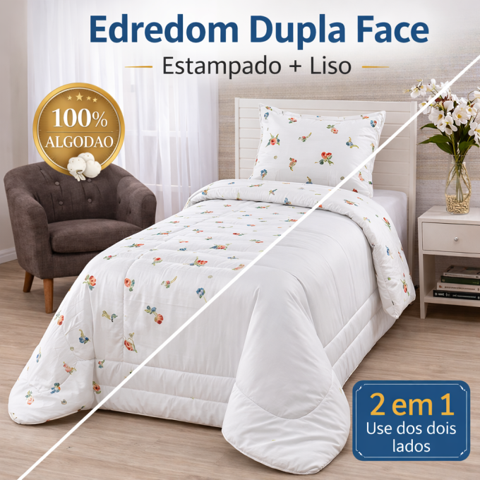 Edredom Solteiro Dupla Face Percal 100% Algodão 200 Fios Florzinha Azul