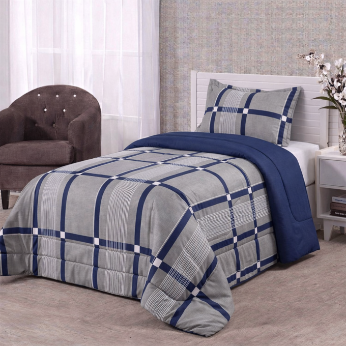 Edredom Solteiro Dupla Face Percal 100% Algodão 200 Fios Grid Marinho