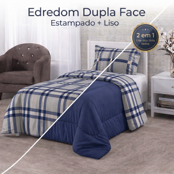 Edredom Solteiro Dupla Face Percal 100% Algodão 200 Fios Grid Marinho