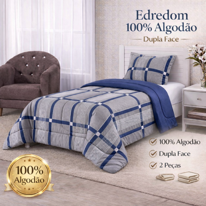 Edredom Solteiro Dupla Face Percal 100% Algodão 200 Fios Grid Marinho