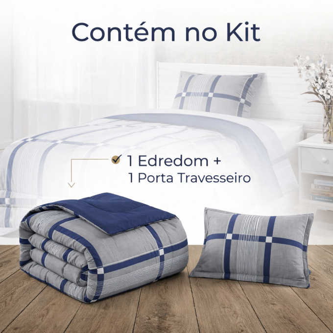 Edredom Solteiro Dupla Face Percal 100% Algodão 200 Fios Grid Marinho