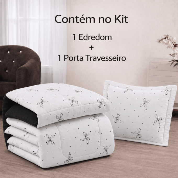 Edredom Solteiro Dupla Face Percal 100% Algodão 200 Fios Lacinhos Preto