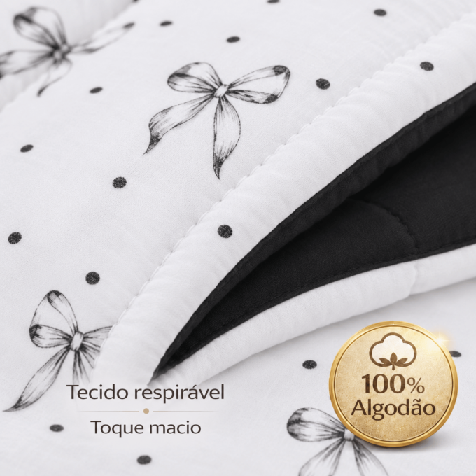 Edredom Solteiro Dupla Face Percal 100% Algodão 200 Fios Lacinhos Preto