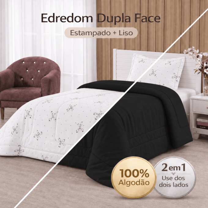 Edredom Solteiro Dupla Face Percal 100% Algodão 200 Fios Lacinhos Preto