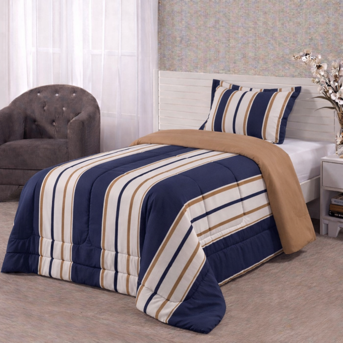Edredom Solteiro Dupla Face Percal 100% Algodão 200 Fios Listrado Marinho